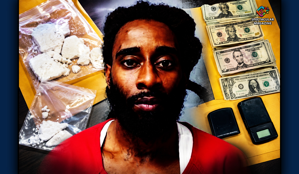 Joseph Tyre Cumberlander, also known as X Suave, pictured in an editorial composite alongside crack cocaine evidence, cash, and digital scales following his federal drug trafficking conviction.