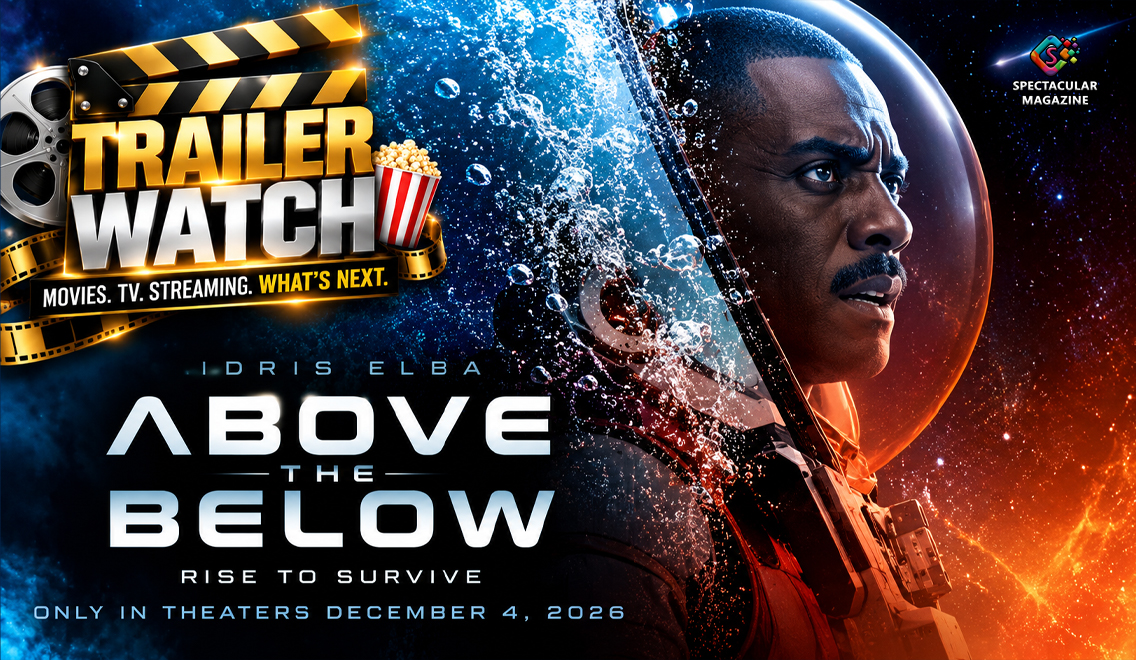 Idris Elba appears in an astronaut suit surrounded by water and space imagery in promotional artwork for the Lionsgate survival thriller Above the Below.